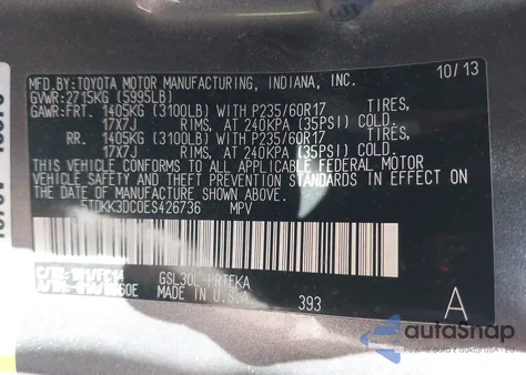 2014 Toyota Sienna Le V6 8 Passenger z USA, uszkodzony, nr VIN 5TDKK3DC0ES426736